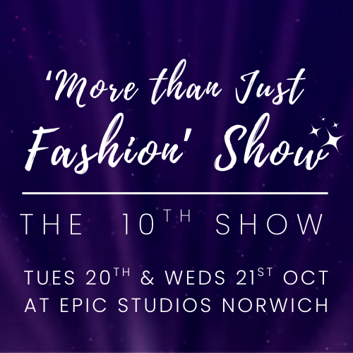 purple background with light strobing affect and white writing in front saying 'More than just fashion' show the 10th show