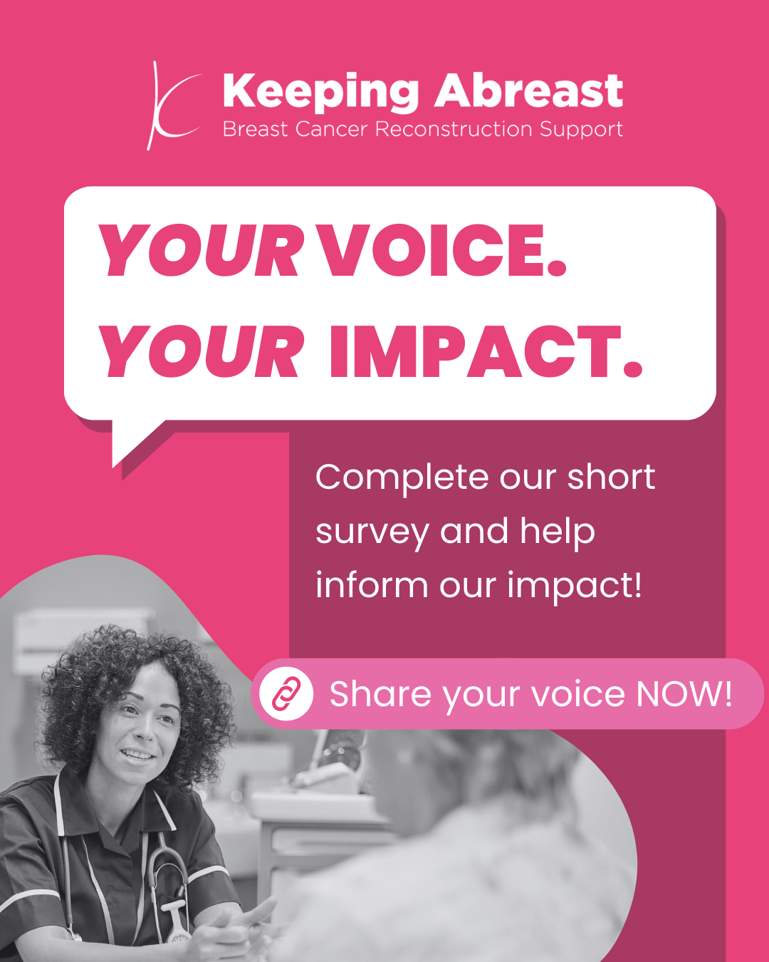 Nurse sat with patient in black and white bubble with pink background and white text around saying 'Your Voice Your Impact' Healthcare Professional survey