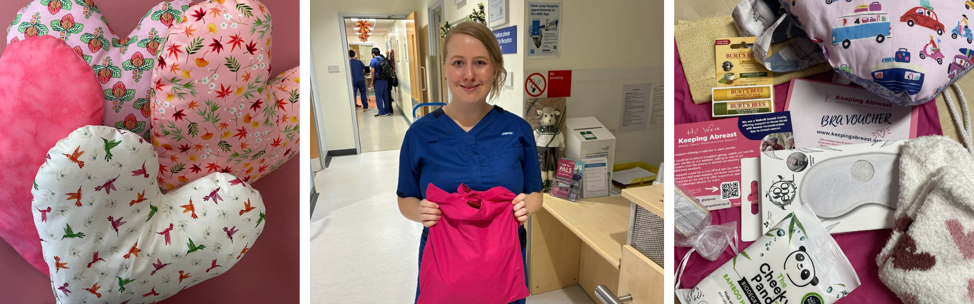 image collage of heart shaped cushions, nurse holding a pink bag and gift bag contents