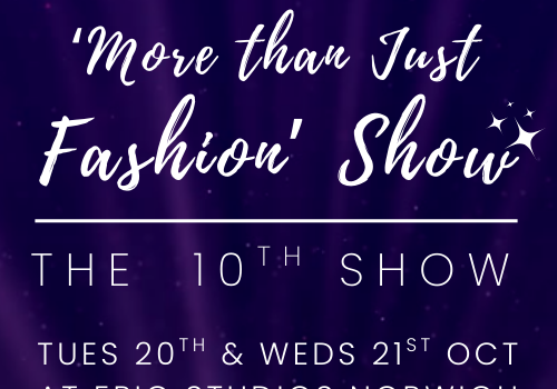 purple background with light strobing affect and white writing in front saying 'More than just fashion' show the 10th show